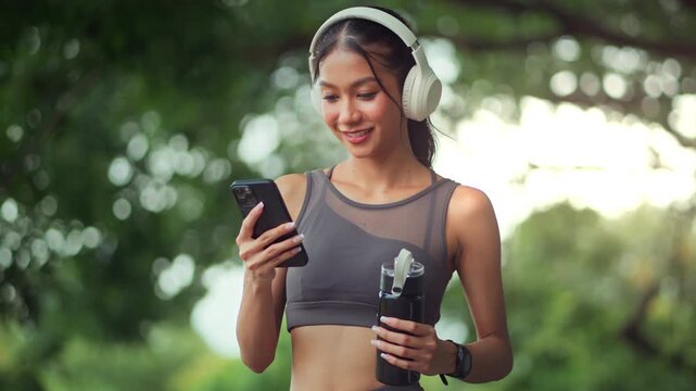 A happy Asian woman in sportswear checks her smartphone to monitor her heart rate, review workout stats, or choose her favorite playlist while exercising outdoors with headphones and a water bottle.