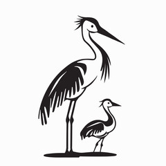 Mother Stork Standing Gracefully with Her Baby Vector Design