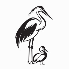Elegant Stork Standing with Baby Bird Vector Illustration on white background