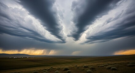 Dramatic sky over vast grasslands at sunset with approaching storm clouds