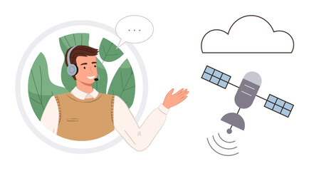 Smiling customer support agent with headset gesturing toward satellite and cloud imagery. Ideal for connectivity, communication, technology, customer service, support systems, tech networks, simple