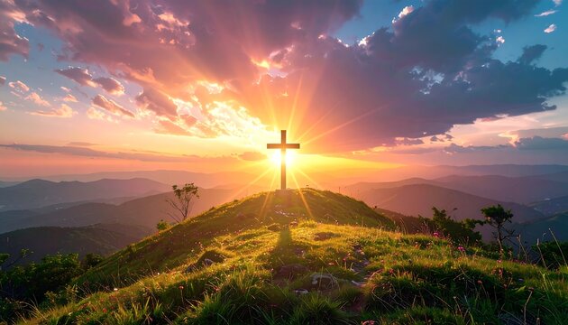 A cross silhouette atop a hill with a brilliant sunrise and mountains