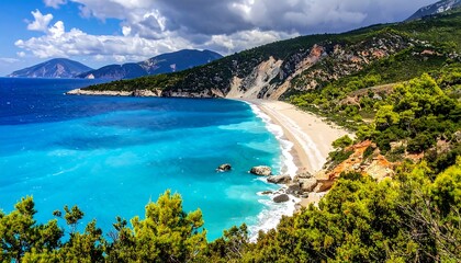 Fototapeta premium Stunning Myrtos Beach in Kefalonia, Greece - A Coastal Paradise.