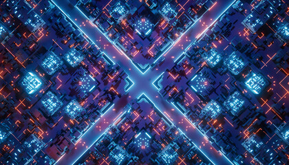 Vibrant abstract pattern of glowing blue and red circuits on a microchip with a futuristic design and neon-like effect.