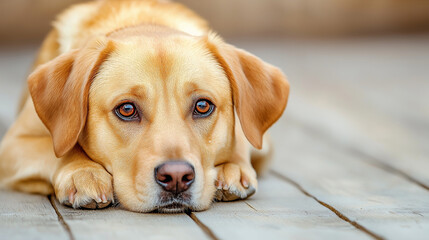 Yellow Labrador dog lying calmly on wooden deck outdoors - Concept of Pets and Animals.  