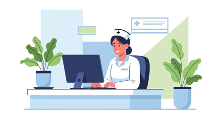 A Smiling Nurse Typing On A Computer In A Modern Medical Office Environment