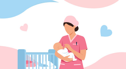 Caring Nurse Holds Newborn, Embracing Healthcare and Maternal Nurturing Illustration