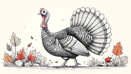 Thanksgiving Turkey Illustration with Autumn Leaves and Foliage.