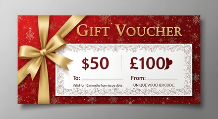 Elegant red gift voucher with gold ribbon and bow featuring dollar and pound currency