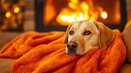 Dog resting on orange blanket by the fireplace in a cozy home  