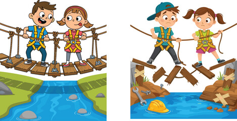 Cartoon children crossing rope bridges, safety versus danger concept, adventure illustration, teamwork and preparedness, environmental awareness, educational comparison art