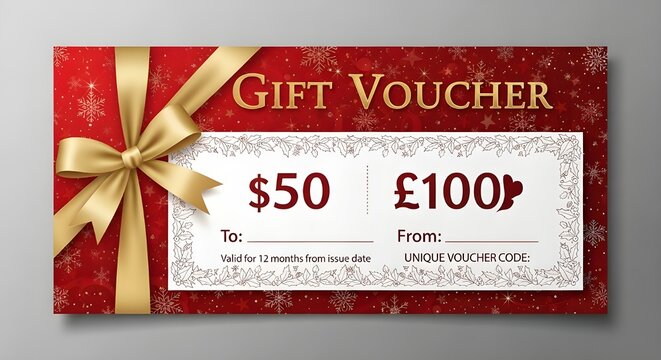 Elegant red gift voucher with gold ribbon and bow featuring dollar and pound currency