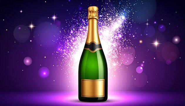 A festive champagne bottle with sparkling bokeh and glitter effects