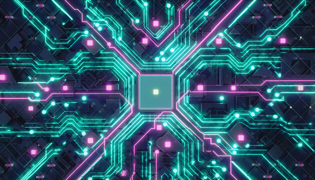 Close-up of a vibrant circuit board with neon pink and teal connections and lights on a dark background with a futuristic feel. - Powered by Adobe
