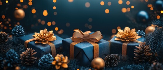 Blue gift boxes with golden ribbon and pine cones on a dark background for Christmas or New Year present concept with bokeh lights
