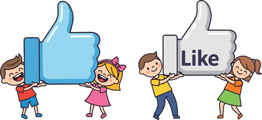 Cartoon children holding social media like icons, cheerful kids with thumbs up, playful approval gesture, colorful illustration for engagement themes