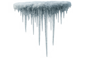 Icicles hanging from snow creating a frozen winter formation on transparent background, cold weather concept