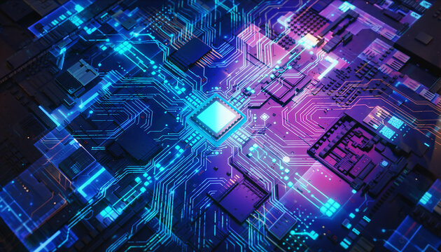 Close-up of a vibrant circuit board with glowing blue and purple lights, showcasing microchips and electronic components with a futuristic and technological mood.