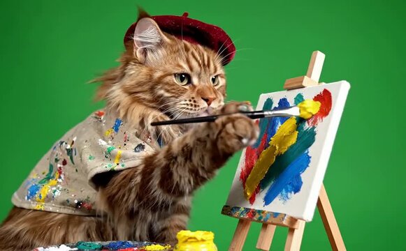 A whimsical Maine Coon cat, embodying the spirit of a true artist, meticulously dabs its brush onto a vibrant canvas, creating a colorful masterpiece in a charming studio setting