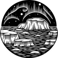 Monochrome illustration of arctic landscape with northern lights © Sara