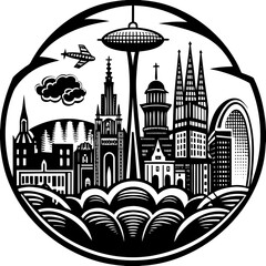 A black and white skyline of a city with a tower in a circle