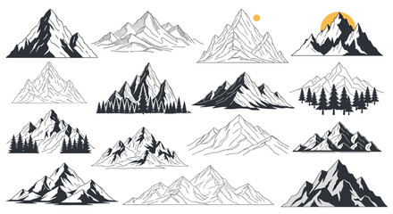 Set of mountain illustrations in various styles, ideal for outdoor design projects and adventure themes.
