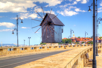 Wooden windmill a tourist attraction in the old city of Nessebar in Nessebar, Bulgaria, Europe