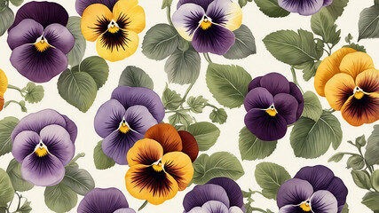 Colorful Pansies Floral Pattern Background, Seamless Design with Realistic Flowers