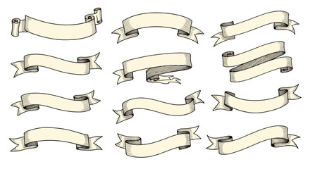 Set of vintage-style hand-drawn ribbons, banners, and scrolls for design elements on a white background, isolated.