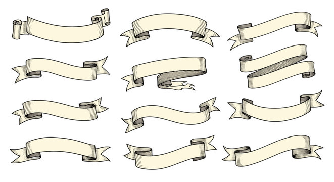 Set of vintage-style hand-drawn ribbons, banners, and scrolls for design elements on a white background, isolated.