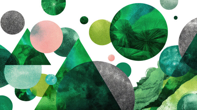 Abstract colorful geometrics shapes illustration with green paint splashes and leaf icons symbolizing global ecology and recycling