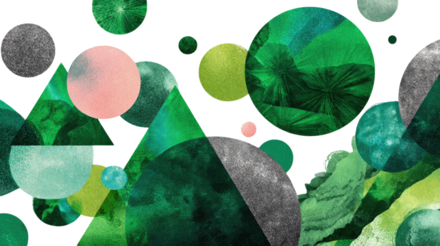 Abstract colorful geometrics shapes illustration with green paint splashes and leaf icons symbolizing global ecology and recycling