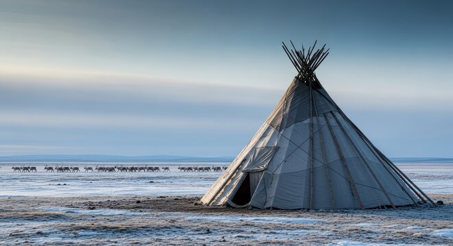 Traditional structure on vast snowy plains with distant reindeer herd at dusk