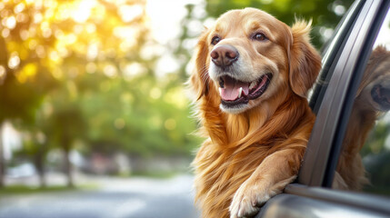 Happy golden retriever dog looking out car window during sunset  