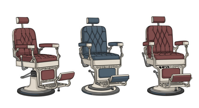Set of three barber chairs in different color schemes isolated on a white background, illustration.