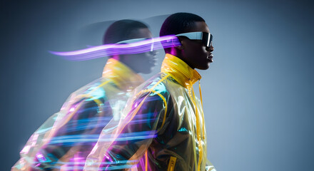 Futuristic Male Model in Augmented Reality Goggles with Vibrant Light Streaks