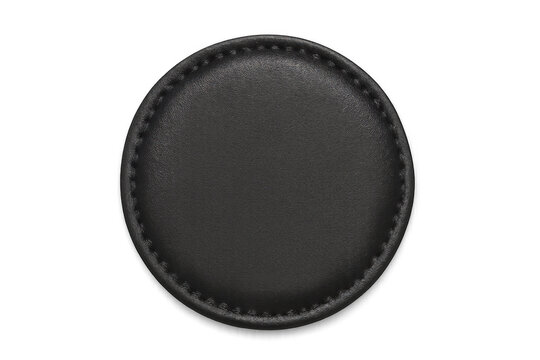 Round black blank leather patch or coaster with stitches, isolated on transparent background, for branding mockup
