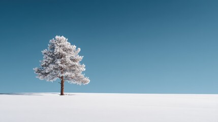 Solitary pine tree standing in a vast snowy landscape with clear blue sky, creating a minimalist winter scene with copy space
