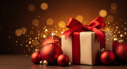 Warm and Cozy Christmas Scene Featuring a Classic Wrapped Gift Box with a Red Bow, Surrounded by Matte Red Ornaments, and Sparkling Golden Bokeh Lights on a Dark, Festive Background
