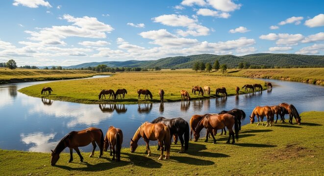Herd of wild horses grazing by serene river in scenic countryside landscape