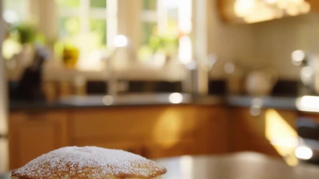 A pastry dusted with powdered sugar sitting on a kitchen counter, with a blurred out background Stock Video