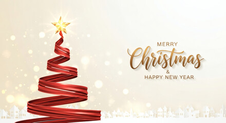 Stylish Merry Christmas and Happy New Year Background with an Abstract Red Ribbon Tree, Gold Star Topper, and a White Paper Cut Village Silhouette on a Bright, Sparkling Neutral Background