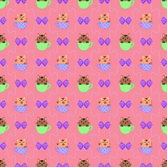 ​Kawaii Seamless Pattern of Cute Cats in Polka Dot Tea Cups with Purple Bows on Pink Background, Perfect for Kids Fabric, Wallpaper, and Digital Scrapbooking.