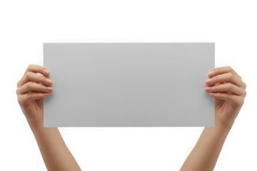 Two hands holding up a large blank white horizontal poster for your text. Isolated on transparent background, PNG