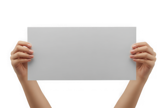 Two hands holding up a large blank white horizontal poster for your text. Isolated on transparent background, PNG