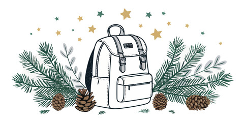 Christmas vector illustration of a backpack surrounded by pine branches, pine cones and star shaped decorations