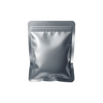  Shiny silver foil food pouch or sachet for coffee or snacks, mockup. Isolated on transparent background