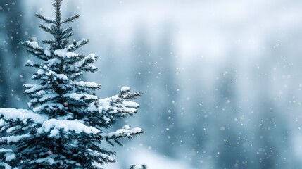 Evergreen tree branches loaded with fresh snow during a winter snowfall in a forest, providing empty space for text