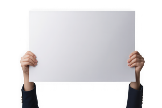 Two hands holding up a large blank white horizontal poster for your text. Isolated on transparent background, PNG - Powered by Adobe