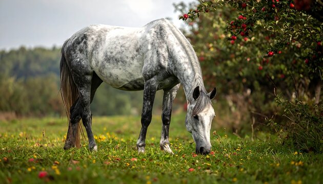 A dappled gray horse grazing in a lush field near a tree